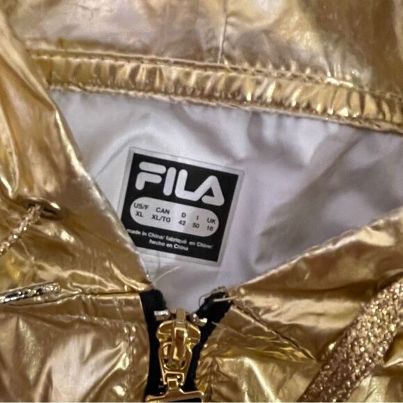 Fila Anorak Metallic Women’s Windbreaker Jacket Gold With Black Letters Size XL - Picture 10 of 14